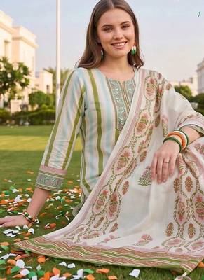 women printed regular thread work cotton kurta with trousers & with dupatta 3