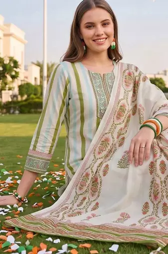 women printed regular thread work cotton kurta with trousers & with dupatta