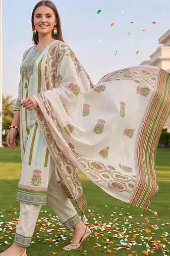 women printed regular thread work cotton kurta with trousers & with dupatta
