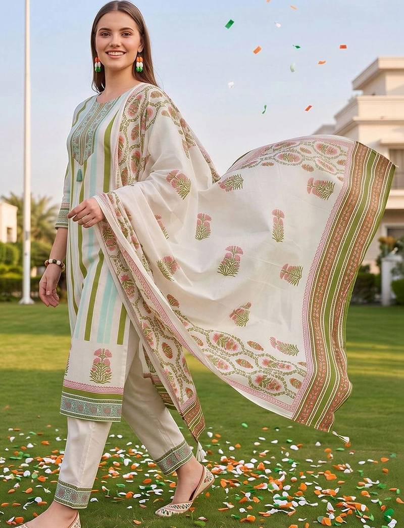 women printed regular thread work cotton kurta with trousers & with dupatta