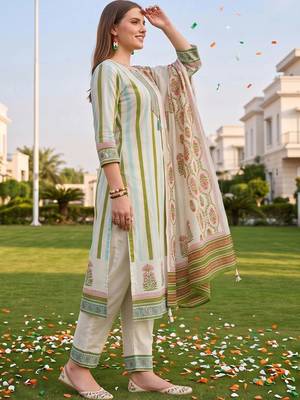 women printed regular thread work cotton kurta with trousers & with dupatta 5