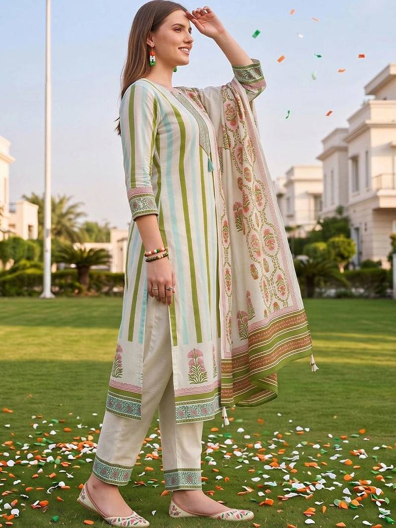 women printed regular thread work cotton kurta with trousers & with dupatta