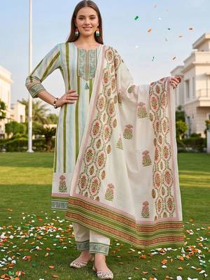 women printed regular thread work cotton kurta with trousers & with dupatta 1