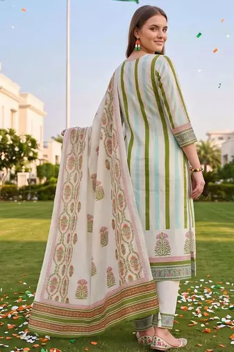women printed regular thread work cotton kurta with trousers & with dupatta