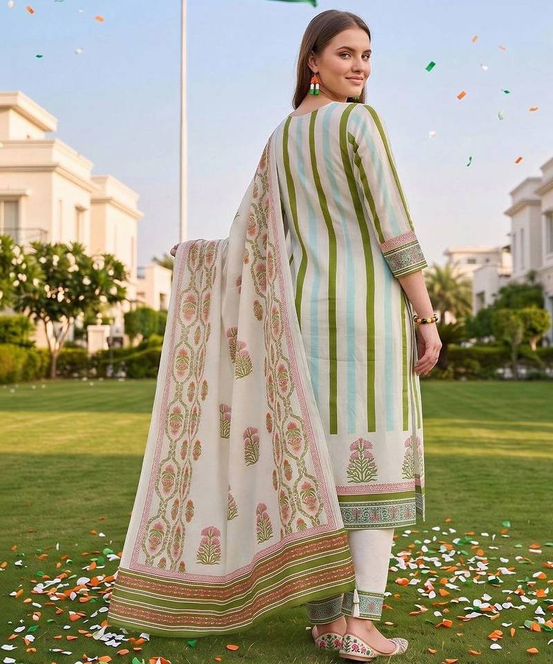 women printed regular thread work cotton kurta with trousers & with dupatta