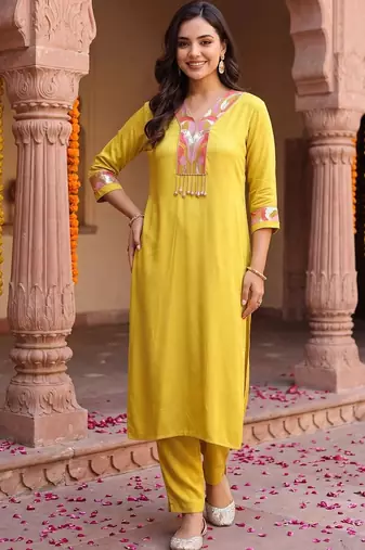 women ethnic motifs embroidered regular sequinned kurta with trousers