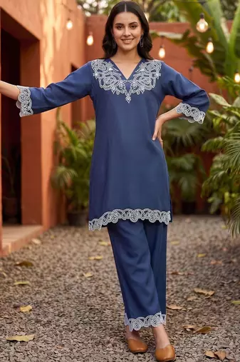 women ethnic motifs embroidered regular thread work linen kurta with palazzos