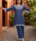 women ethnic motifs embroidered regular thread work linen kurta with palazzos