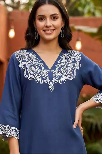 women ethnic motifs embroidered regular thread work linen kurta with palazzos
