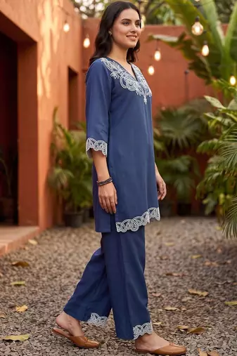 women ethnic motifs embroidered regular thread work linen kurta with palazzos