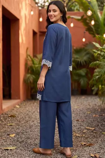 women ethnic motifs embroidered regular thread work linen kurta with palazzos