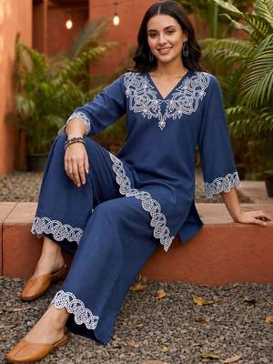 women ethnic motifs embroidered regular thread work linen kurta with palazzos 5