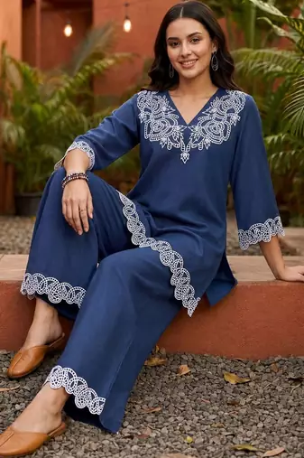 women ethnic motifs embroidered regular thread work linen kurta with palazzos