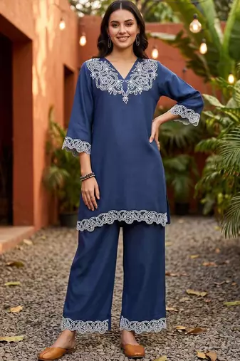 women ethnic motifs embroidered regular thread work linen kurta with palazzos