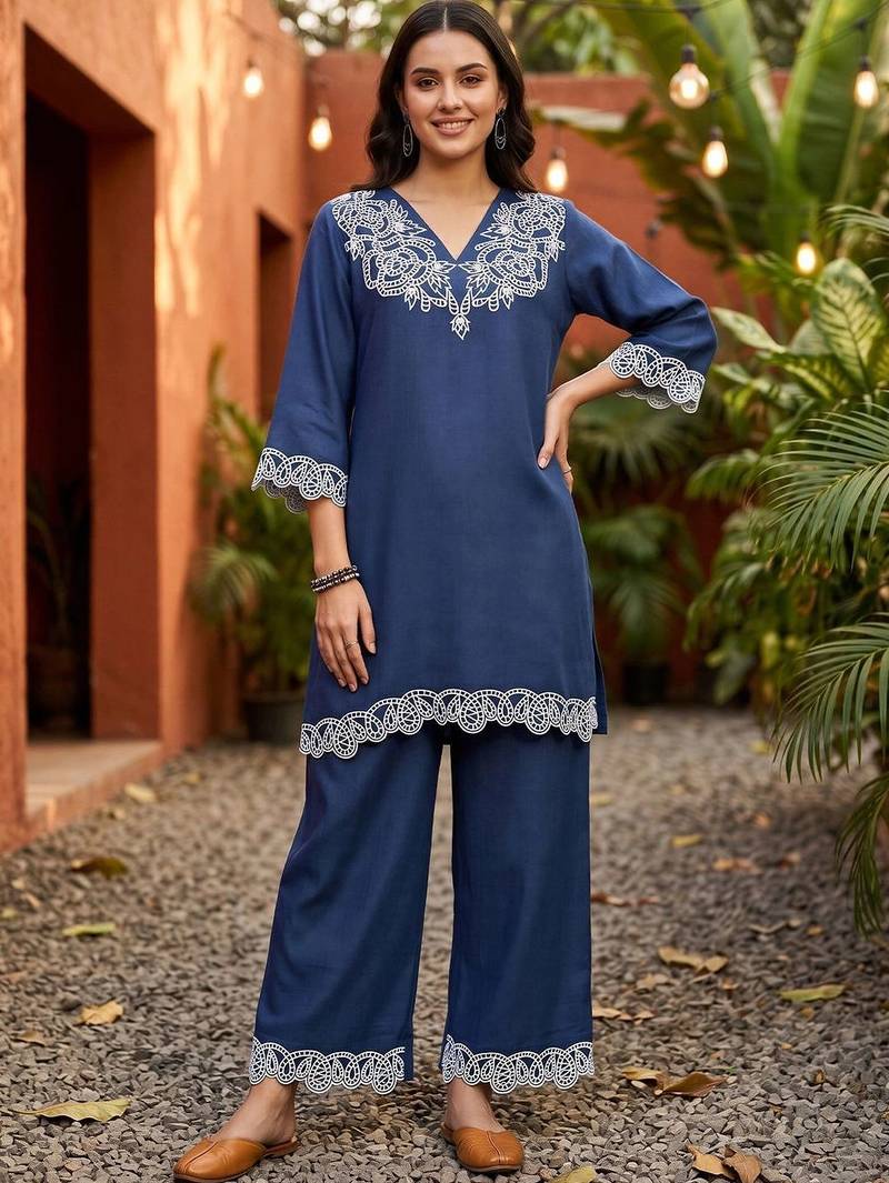 women ethnic motifs embroidered regular thread work linen kurta with palazzos