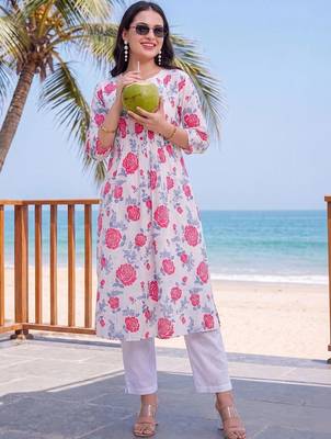 women floral printed regular cotton kurta with trousers 2