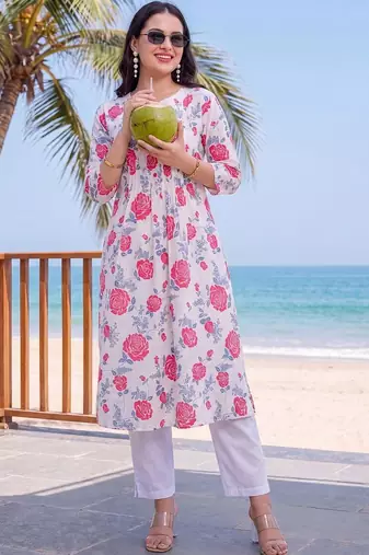 women floral printed regular cotton kurta with trousers