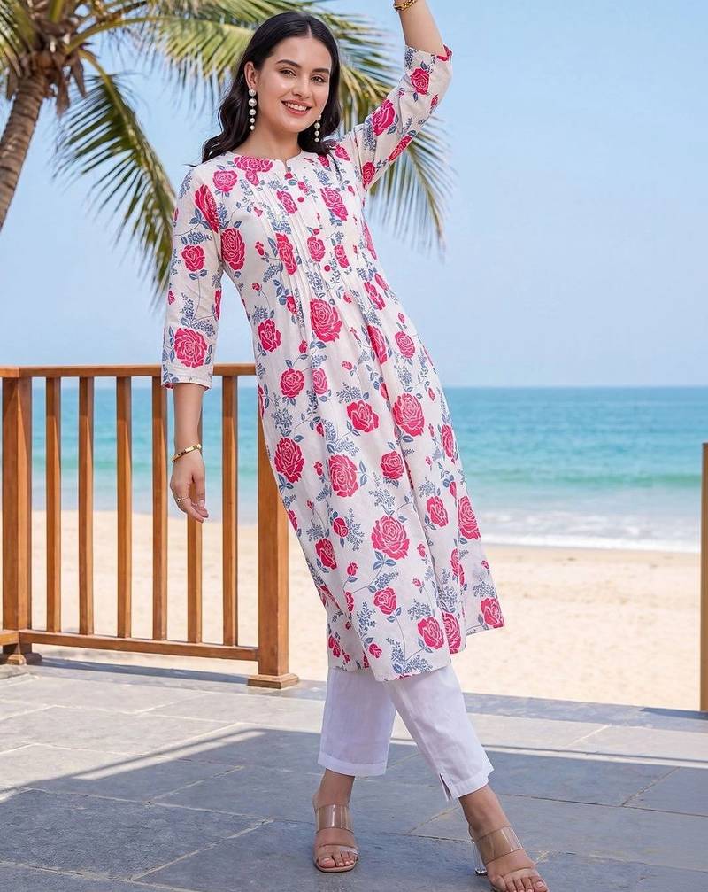 women floral printed regular cotton kurta with trousers