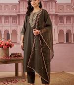 women ethnic motifs embroidered regular thread work liva kurta with trousers & with dupatta