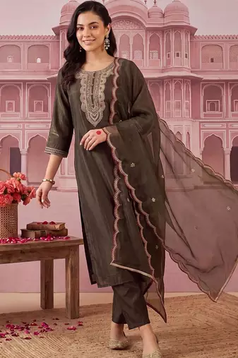 women ethnic motifs embroidered regular thread work liva kurta with trousers & with dupatta