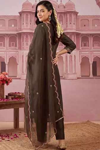 women ethnic motifs embroidered regular thread work liva kurta with trousers & with dupatta