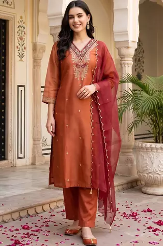 women ethnic motifs embroidered regular thread work kurta with trousers & with dupatta