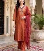 women ethnic motifs embroidered regular thread work kurta with trousers & with dupatta