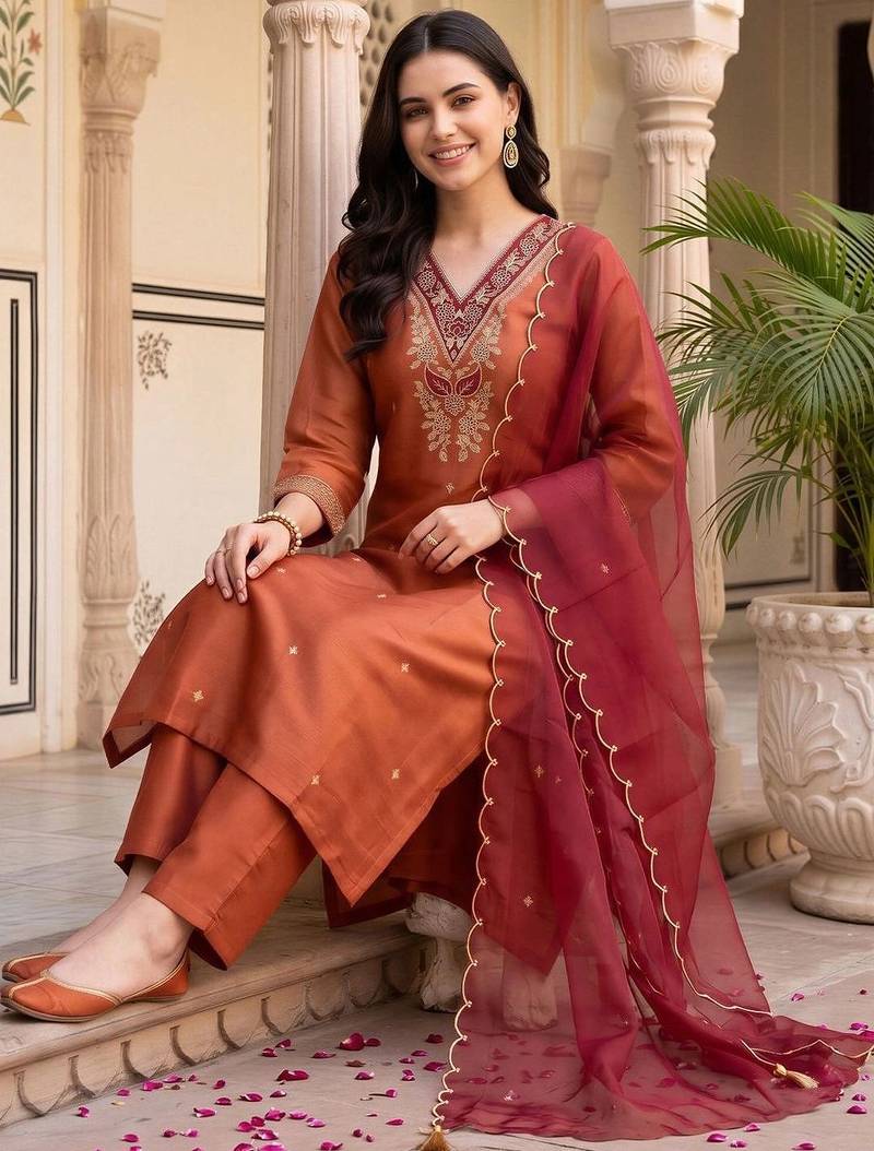 women ethnic motifs embroidered regular thread work kurta with trousers & with dupatta