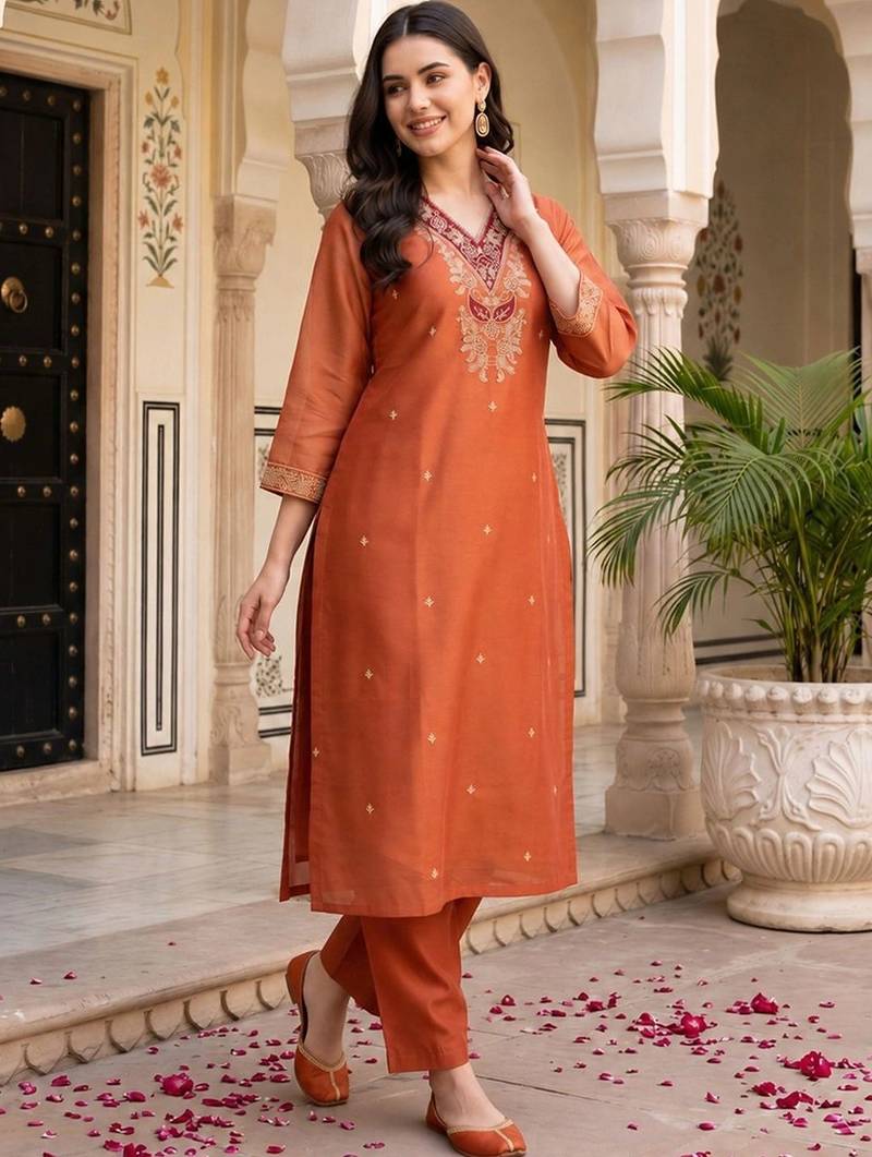 women ethnic motifs embroidered regular thread work kurta with trousers & with dupatta