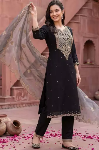 women ethnic motifs embroidered regular thread work kurta with trousers & with dupatta