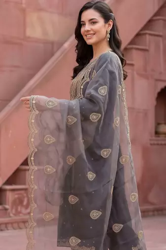 women ethnic motifs embroidered regular thread work kurta with trousers & with dupatta