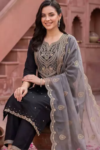 women ethnic motifs embroidered regular thread work kurta with trousers & with dupatta