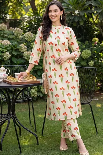 women floral printed regular cotton kurta with trousers