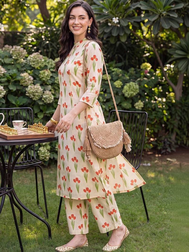 women floral printed regular cotton kurta with trousers