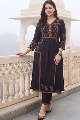 women ethnic motifs embroidered panelled thread work cotton kurta with trousers