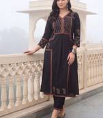 women ethnic motifs embroidered panelled thread work cotton kurta with trousers