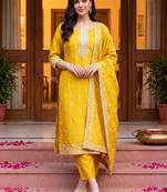 women ethnic motifs regular thread work kurta with trousers & with dupatta