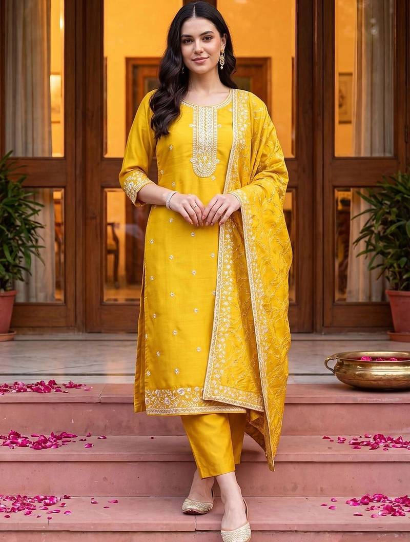 women ethnic motifs regular thread work kurta with trousers & with dupatta
