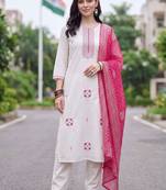 women ethnic motifs embroidered regular thread work cotton kurta with trousers & with dupatta