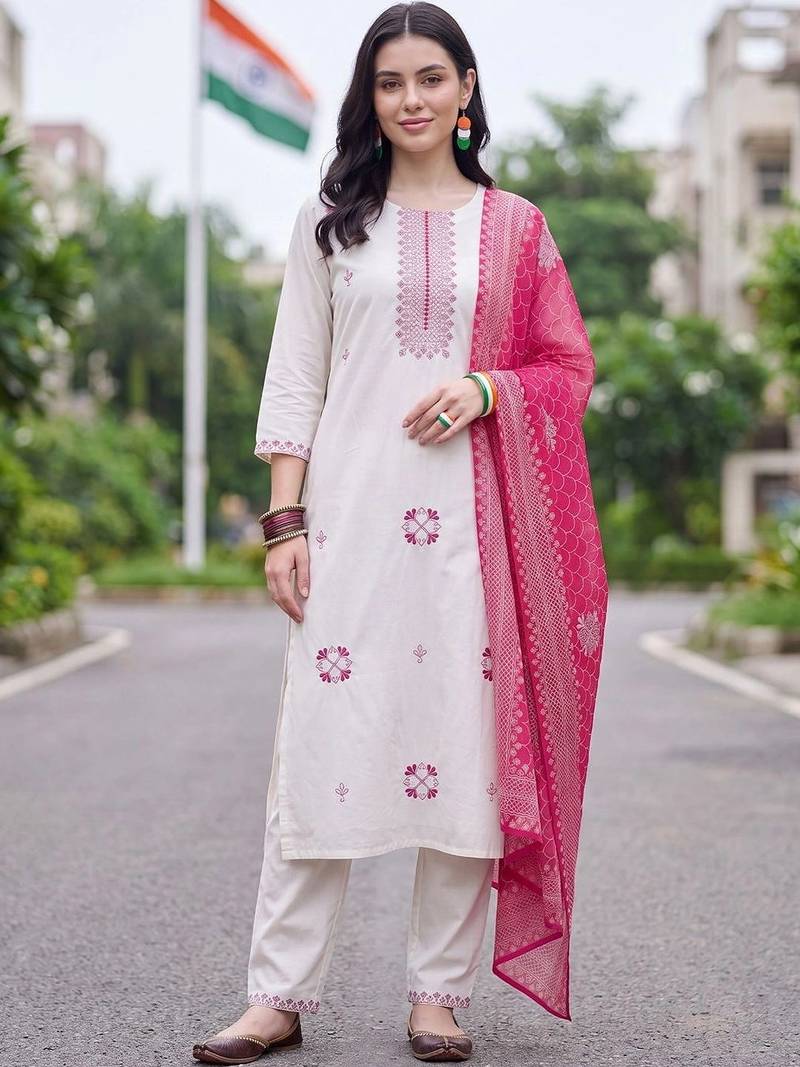 women ethnic motifs embroidered regular thread work cotton kurta with trousers & with dupatta