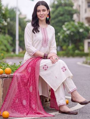 women ethnic motifs embroidered regular thread work cotton kurta with trousers & with dupatta 2