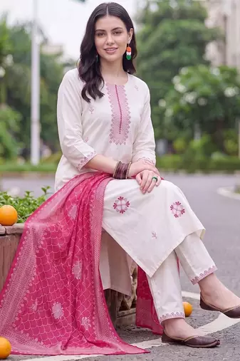 women ethnic motifs embroidered regular thread work cotton kurta with trousers & with dupatta