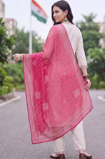 women ethnic motifs embroidered regular thread work cotton kurta with trousers & with dupatta