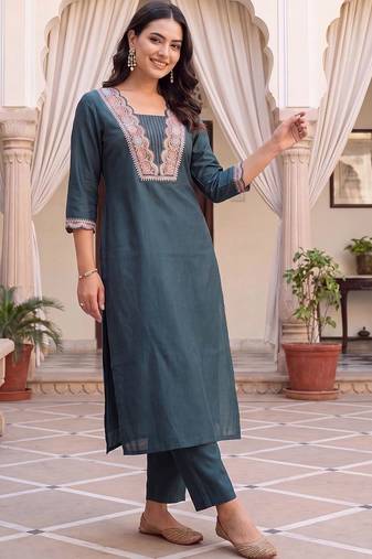 women ethnic motifs embroidered regular thread work kurta with trousers