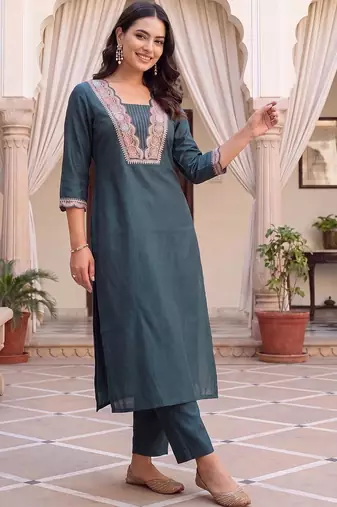 women ethnic motifs embroidered regular thread work kurta with trousers