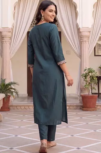 women ethnic motifs embroidered regular thread work kurta with trousers