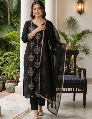 women ethnic motifs embroidered regular thread work liva kurta with trousers & with dupatta 1