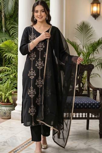 women ethnic motifs embroidered regular thread work liva kurta with trousers & with dupatta