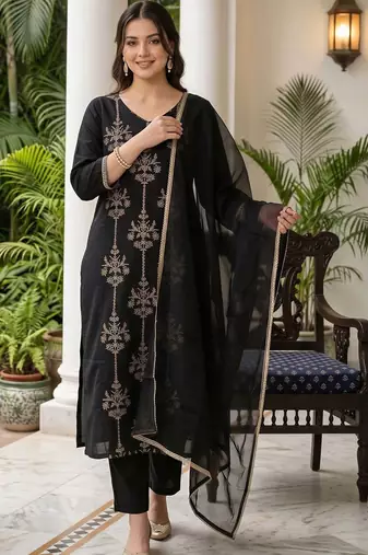 women ethnic motifs embroidered regular thread work liva kurta with trousers & with dupatta