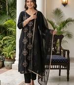 women ethnic motifs embroidered regular thread work liva kurta with trousers & with dupatta